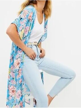 LOFT Women XS/S Blue Floral Boho Beach Long Duster Garden Wrap Kimono NWT